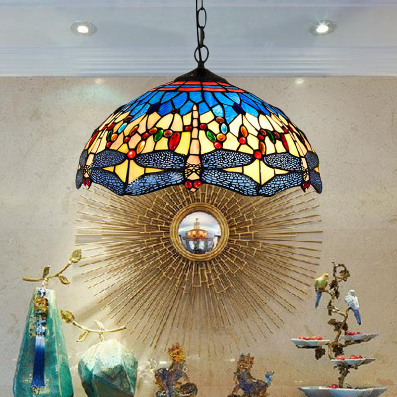 2 Heads Dragonfly Pendant Lighting Tiffany Yellow-Blue Stained Glass Hanging Ceiling Light for Living Room Yellow-Blue Clearhalo 'Ceiling Lights' 'Close To Ceiling Lights' 'Industrial' 'Middle Century Pendants' 'Pendant Lights' 'Pendants' 'Tiffany close to ceiling' 'Tiffany Pendants' 'Tiffany' Lighting' 179961