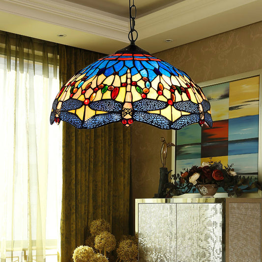 2 Heads Dragonfly Pendant Lighting Tiffany Yellow-Blue Stained Glass Hanging Ceiling Light for Living Room Clearhalo 'Ceiling Lights' 'Close To Ceiling Lights' 'Industrial' 'Middle Century Pendants' 'Pendant Lights' 'Pendants' 'Tiffany close to ceiling' 'Tiffany Pendants' 'Tiffany' Lighting' 179962