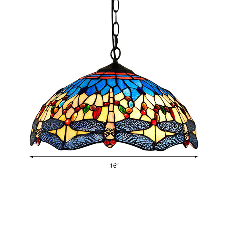 2 Heads Dragonfly Pendant Lighting Tiffany Yellow-Blue Stained Glass Hanging Ceiling Light for Living Room Clearhalo 'Ceiling Lights' 'Close To Ceiling Lights' 'Industrial' 'Middle Century Pendants' 'Pendant Lights' 'Pendants' 'Tiffany close to ceiling' 'Tiffany Pendants' 'Tiffany' Lighting' 179964