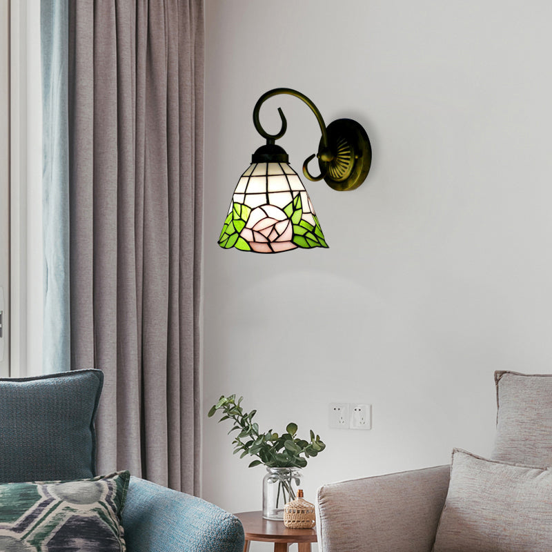 Green Bell Wall Light Fixture Tiffany 1 Head Stained Glass Sconce Light with Rose Pattern Clearhalo 'Industrial' 'Middle century wall lights' 'Tiffany wall lights' 'Tiffany' 'Wall Lamps & Sconces' 'Wall Lights' Lighting' 179966