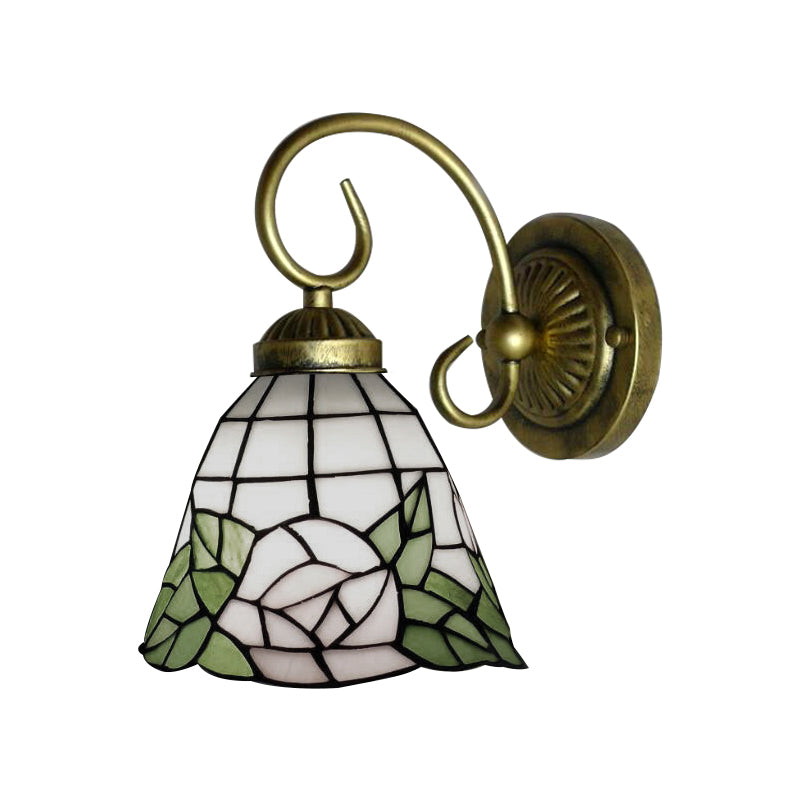 Green Bell Wall Light Fixture Tiffany 1 Head Stained Glass Sconce Light with Rose Pattern Clearhalo 'Industrial' 'Middle century wall lights' 'Tiffany wall lights' 'Tiffany' 'Wall Lamps & Sconces' 'Wall Lights' Lighting' 179967