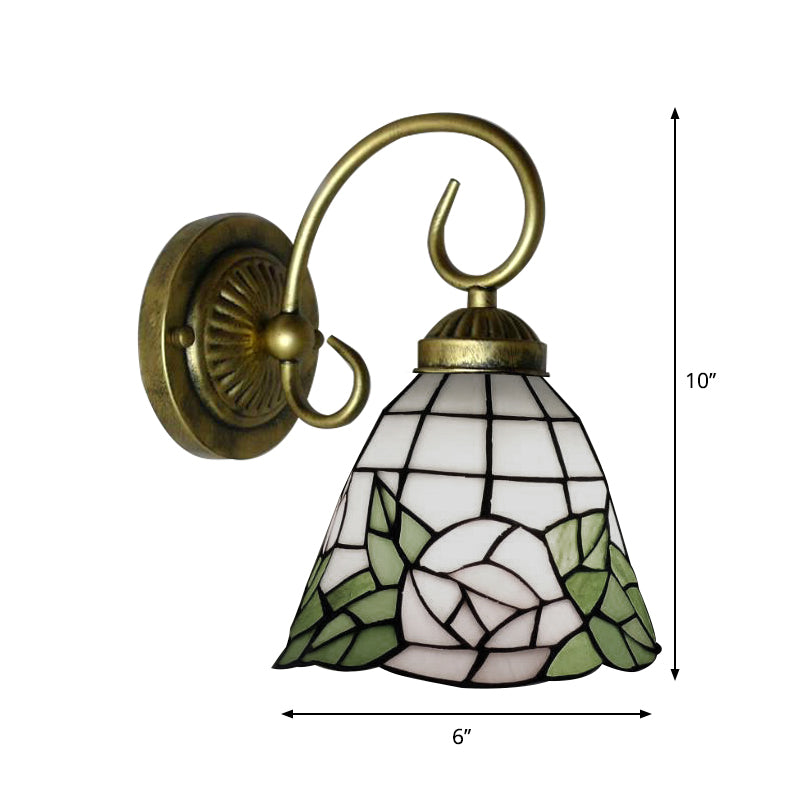 Green Bell Wall Light Fixture Tiffany 1 Head Stained Glass Sconce Light with Rose Pattern Clearhalo 'Industrial' 'Middle century wall lights' 'Tiffany wall lights' 'Tiffany' 'Wall Lamps & Sconces' 'Wall Lights' Lighting' 179968