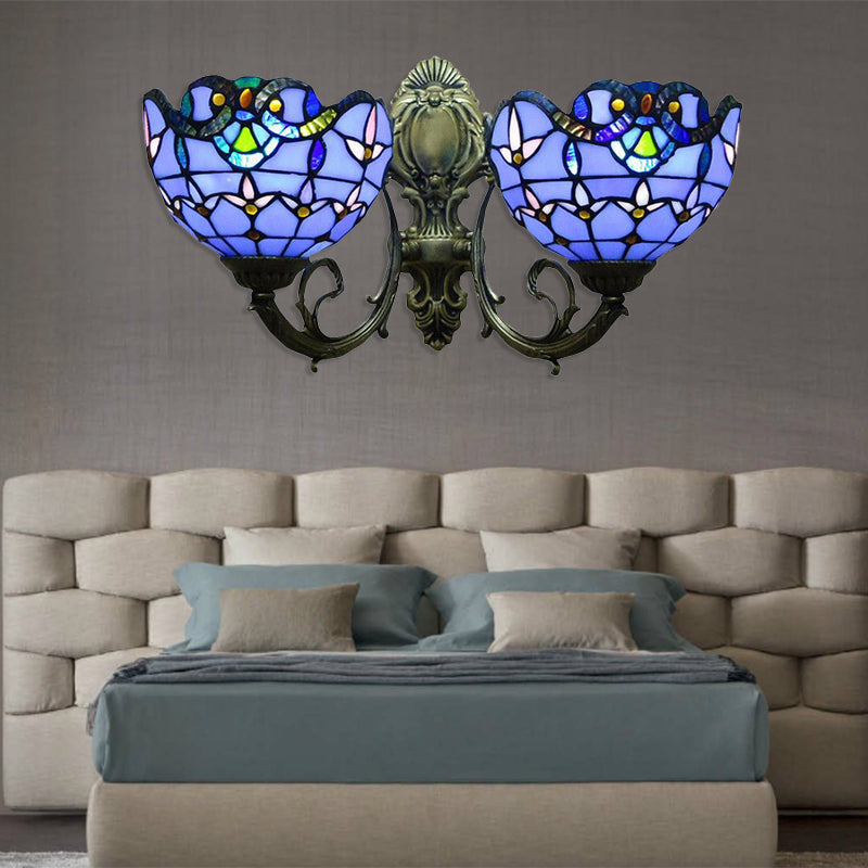 Tulip Wall Lamp Fixtures with Curved Arm Village Stained Glass 2 Lights Wall Sconce with Bowl Shade in Blue Blue Clearhalo 'Industrial' 'Middle century wall lights' 'Tiffany wall lights' 'Tiffany' 'Wall Lamps & Sconces' 'Wall Lights' Lighting' 179969