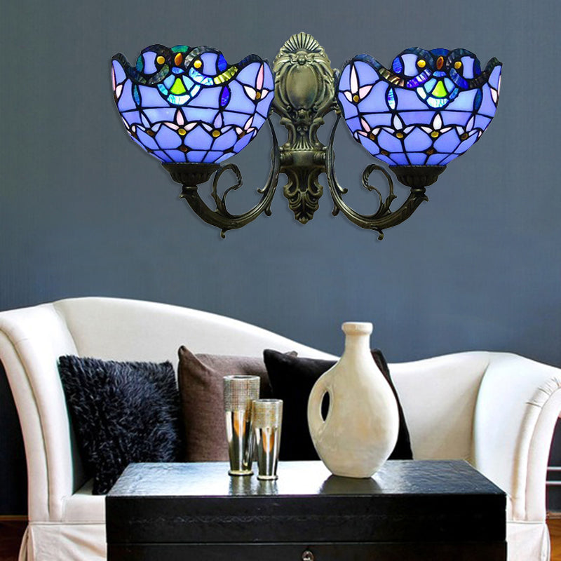 Tulip Wall Lamp Fixtures with Curved Arm Village Stained Glass 2 Lights Wall Sconce with Bowl Shade in Blue Clearhalo 'Industrial' 'Middle century wall lights' 'Tiffany wall lights' 'Tiffany' 'Wall Lamps & Sconces' 'Wall Lights' Lighting' 179970