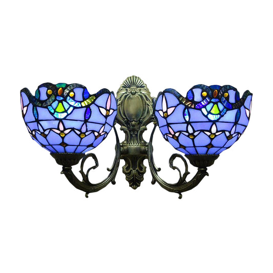 Tulip Wall Lamp Fixtures with Curved Arm Village Stained Glass 2 Lights Wall Sconce with Bowl Shade in Blue Clearhalo 'Industrial' 'Middle century wall lights' 'Tiffany wall lights' 'Tiffany' 'Wall Lamps & Sconces' 'Wall Lights' Lighting' 179971