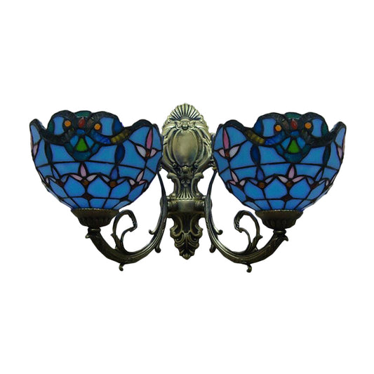 Tulip Wall Lamp Fixtures with Curved Arm Village Stained Glass 2 Lights Wall Sconce with Bowl Shade in Blue Clearhalo 'Industrial' 'Middle century wall lights' 'Tiffany wall lights' 'Tiffany' 'Wall Lamps & Sconces' 'Wall Lights' Lighting' 179972