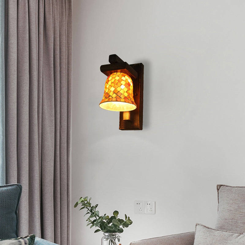 Macaron Bell Wall Light with Wood Base Glass 1 Light Yellow Sconce Light for Cloth Shop Yellow Clearhalo 'Industrial' 'Middle century wall lights' 'Tiffany wall lights' 'Tiffany' 'Wall Lamps & Sconces' 'Wall Lights' Lighting' 179974