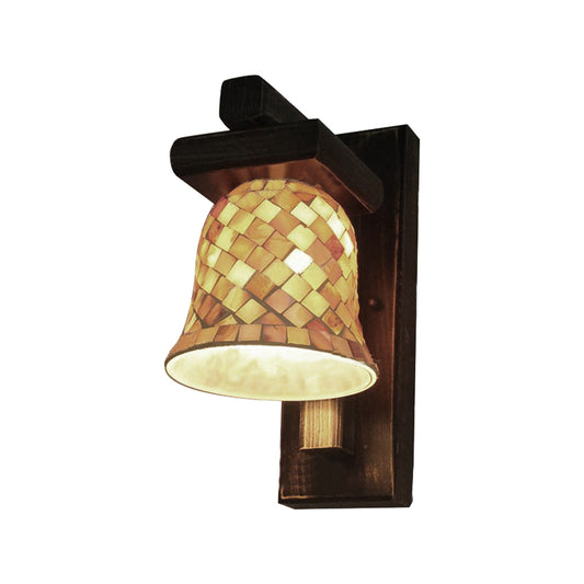 Macaron Bell Wall Light with Wood Base Glass 1 Light Yellow Sconce Light for Cloth Shop Clearhalo 'Industrial' 'Middle century wall lights' 'Tiffany wall lights' 'Tiffany' 'Wall Lamps & Sconces' 'Wall Lights' Lighting' 179978