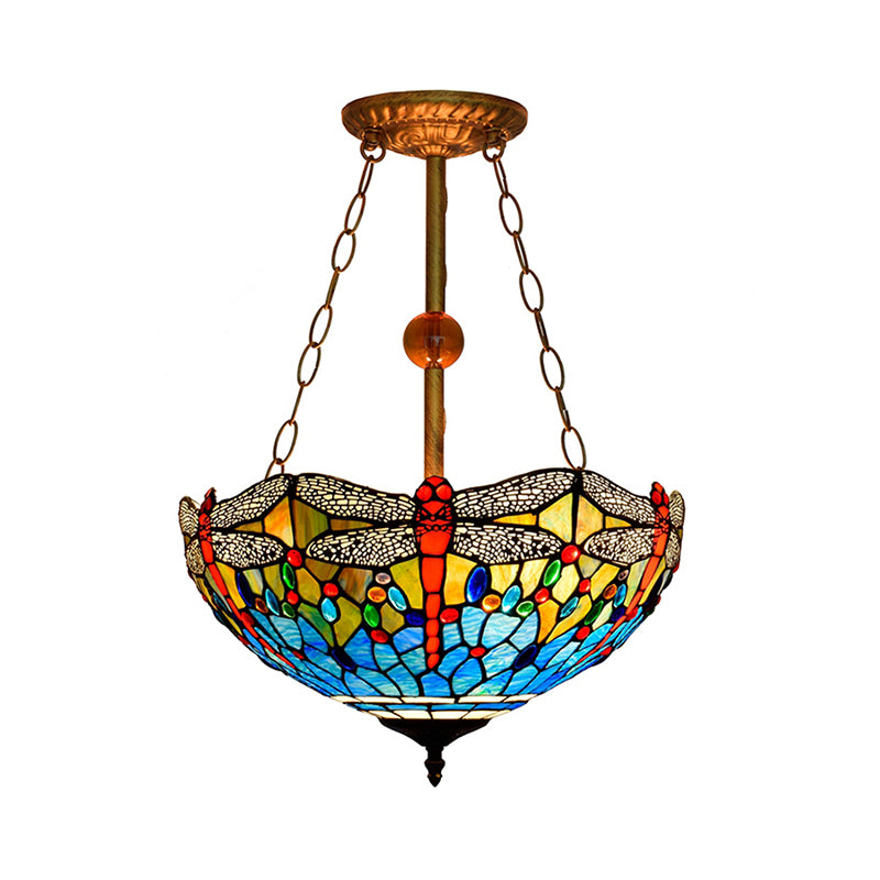 Inverted Pendant Lamp with Dragonfly Tiffany Rustic Stained Glass 3 Lights Ceiling Chandelier in Red/Blue Clearhalo 'Ceiling Lights' 'Chandeliers' 'Close To Ceiling Lights' 'Close to ceiling' 'Semi-flushmount' 'Tiffany close to ceiling' 'Tiffany' Lighting' 179986