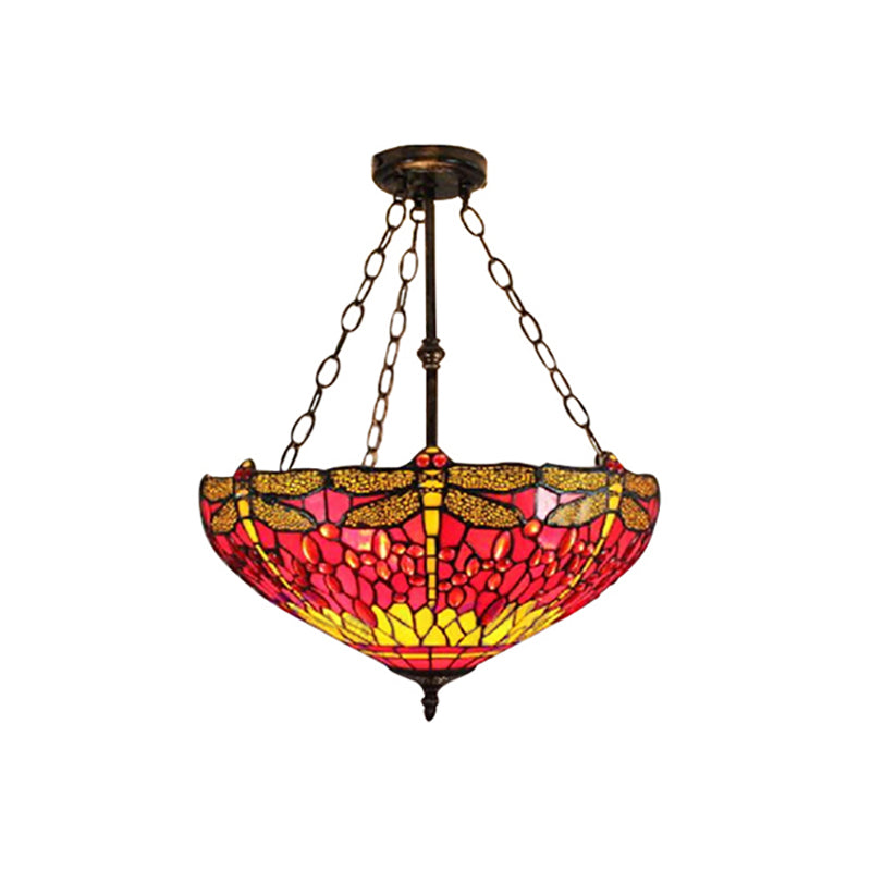 Inverted Pendant Lamp with Dragonfly Tiffany Rustic Stained Glass 3 Lights Ceiling Chandelier in Red/Blue Clearhalo 'Ceiling Lights' 'Chandeliers' 'Close To Ceiling Lights' 'Close to ceiling' 'Semi-flushmount' 'Tiffany close to ceiling' 'Tiffany' Lighting' 179989