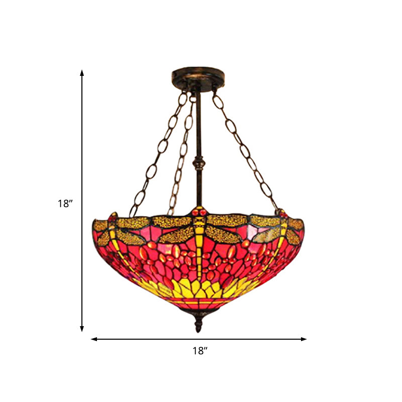 Inverted Pendant Lamp with Dragonfly Tiffany Rustic Stained Glass 3 Lights Ceiling Chandelier in Red/Blue Clearhalo 'Ceiling Lights' 'Chandeliers' 'Close To Ceiling Lights' 'Close to ceiling' 'Semi-flushmount' 'Tiffany close to ceiling' 'Tiffany' Lighting' 179990