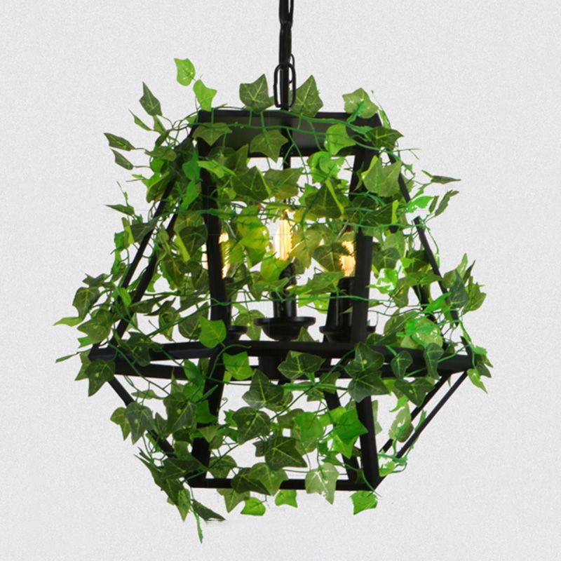 3-Light Iron Ceiling Chandelier Industrial Green Fake Plant and Cage Restaurant Pendant Lamp Green 18" Clearhalo 'Cast Iron' 'Ceiling Lights' 'Chandeliers' 'Industrial Chandeliers' 'Industrial' 'Metal' 'Middle Century Chandeliers' 'Rustic Chandeliers' 'Tiffany' Lighting' 18