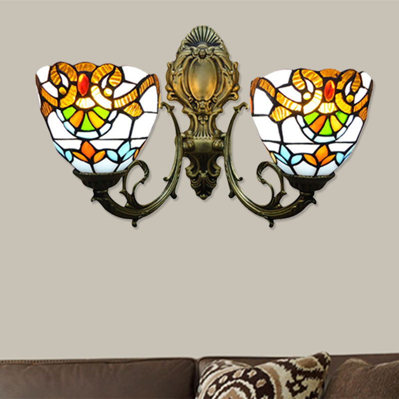 11" Height Bowl Sconce Wall Light Victorian 2 Heads Stained Glass Wall Lighting for Bedroom Clearhalo 'Industrial' 'Middle century wall lights' 'Tiffany wall lights' 'Tiffany' 'Wall Lamps & Sconces' 'Wall Lights' Lighting' 180011