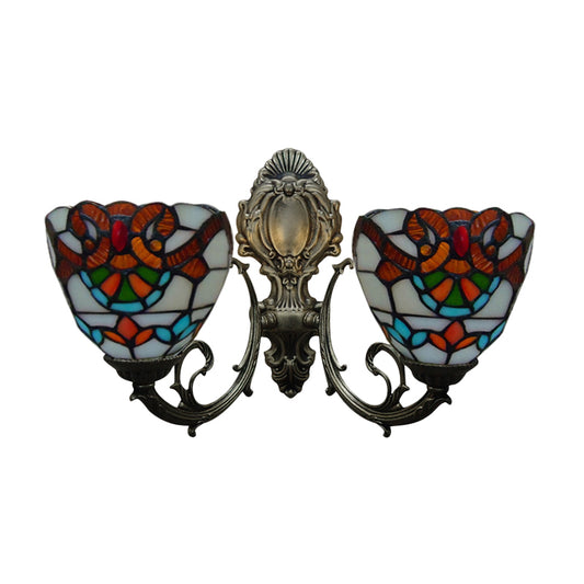 11" Height Bowl Sconce Wall Light Victorian 2 Heads Stained Glass Wall Lighting for Bedroom Clearhalo 'Industrial' 'Middle century wall lights' 'Tiffany wall lights' 'Tiffany' 'Wall Lamps & Sconces' 'Wall Lights' Lighting' 180013