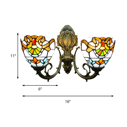 11" Height Bowl Sconce Wall Light Victorian 2 Heads Stained Glass Wall Lighting for Bedroom Clearhalo 'Industrial' 'Middle century wall lights' 'Tiffany wall lights' 'Tiffany' 'Wall Lamps & Sconces' 'Wall Lights' Lighting' 180014