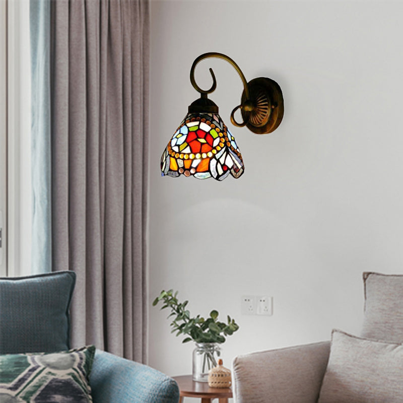 Flower Wall Light Fixture Tiffany Multicolor Stained Color 1 Head Rust Sconce Light Rust Clearhalo 'Industrial' 'Middle century wall lights' 'Tiffany wall lights' 'Tiffany' 'Wall Lamps & Sconces' 'Wall Lights' Lighting' 180015