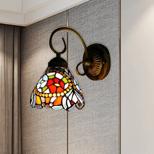 Flower Wall Light Fixture Tiffany Multicolor Stained Color 1 Head Rust Sconce Light Clearhalo 'Industrial' 'Middle century wall lights' 'Tiffany wall lights' 'Tiffany' 'Wall Lamps & Sconces' 'Wall Lights' Lighting' 180016