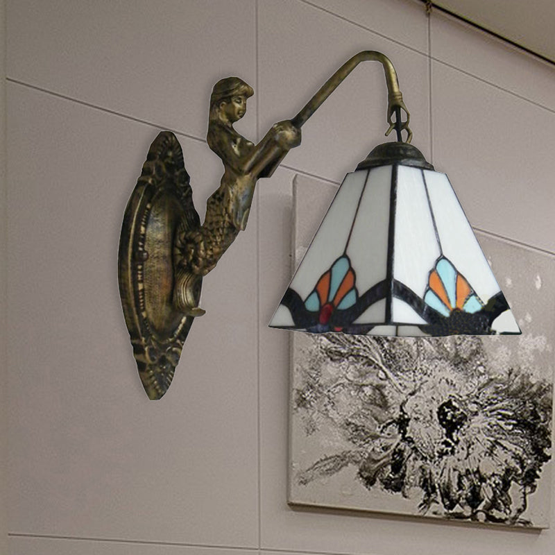 1 Head Wall Mount Light Fixture Tiffany Pyramid White Glass Sconce Light for Corridor White Clearhalo 'Industrial' 'Middle century wall lights' 'Tiffany wall lights' 'Tiffany' 'Wall Lamps & Sconces' 'Wall Lights' Lighting' 180020