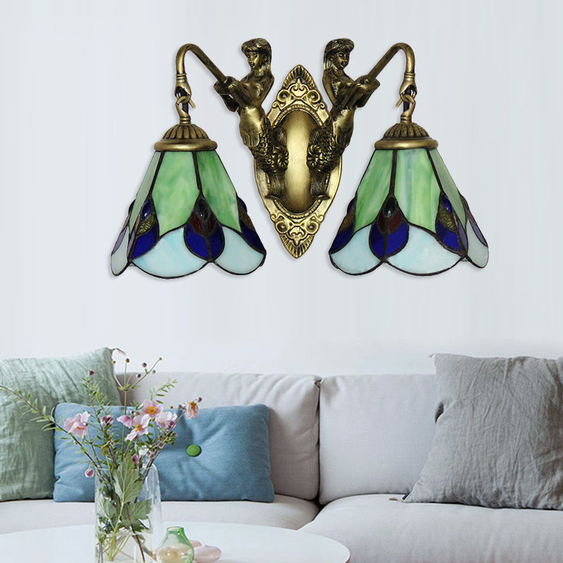 Yellow 2 Heads Wall Mount Light Tiffany Green Glass Cone Sconce Light Fixture with Mermaid Decoration Yellow Clearhalo 'Industrial' 'Middle century wall lights' 'Tiffany wall lights' 'Tiffany' 'Wall Lamps & Sconces' 'Wall Lights' Lighting' 180030