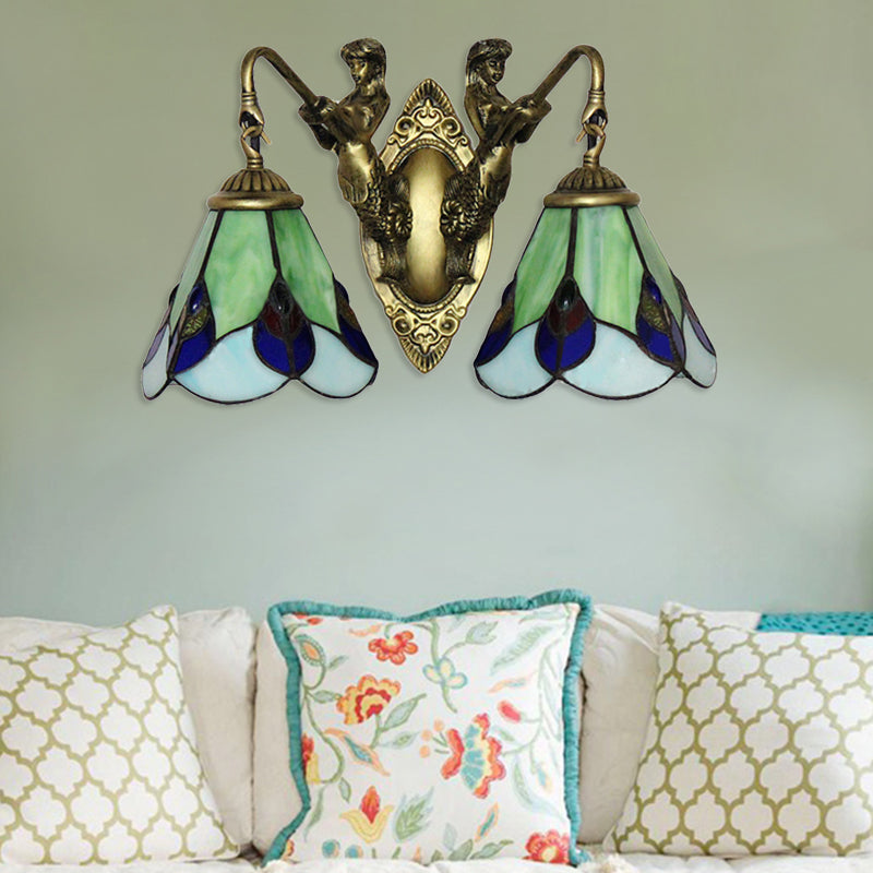 Yellow 2 Heads Wall Mount Light Tiffany Green Glass Cone Sconce Light Fixture with Mermaid Decoration Clearhalo 'Industrial' 'Middle century wall lights' 'Tiffany wall lights' 'Tiffany' 'Wall Lamps & Sconces' 'Wall Lights' Lighting' 180031