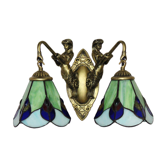Yellow 2 Heads Wall Mount Light Tiffany Green Glass Cone Sconce Light Fixture with Mermaid Decoration Clearhalo 'Industrial' 'Middle century wall lights' 'Tiffany wall lights' 'Tiffany' 'Wall Lamps & Sconces' 'Wall Lights' Lighting' 180032