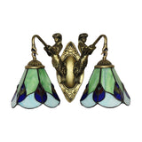 Yellow 2 Heads Wall Mount Light Tiffany Green Glass Cone Sconce Light Fixture with Mermaid Decoration Clearhalo 'Industrial' 'Middle century wall lights' 'Tiffany wall lights' 'Tiffany' 'Wall Lamps & Sconces' 'Wall Lights' Lighting' 180032