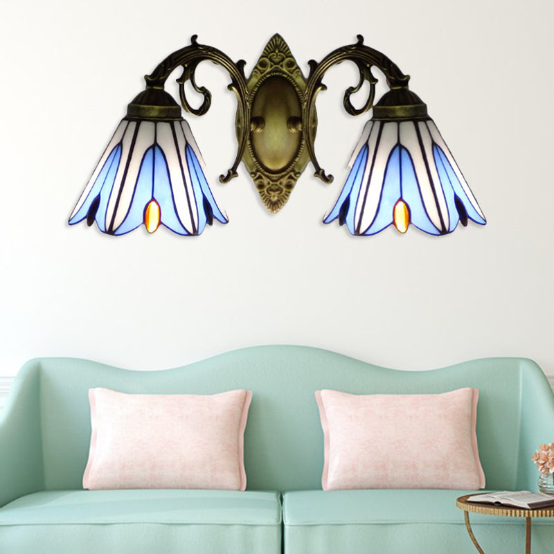 Floral Lighting Sconce Tiffany Style Stained Glass 2-Light Wall Light Fixtures in Blue for Corridor Blue Clearhalo 'Industrial' 'Middle century wall lights' 'Tiffany wall lights' 'Tiffany' 'Wall Lamps & Sconces' 'Wall Lights' Lighting' 180035