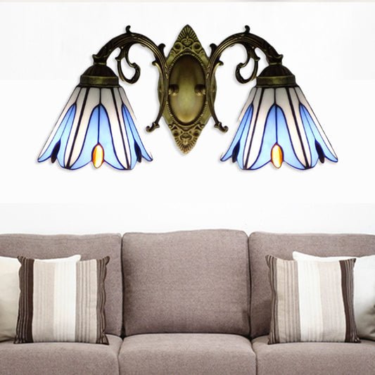 Floral Lighting Sconce Tiffany Style Stained Glass 2-Light Wall Light Fixtures in Blue for Corridor Clearhalo 'Industrial' 'Middle century wall lights' 'Tiffany wall lights' 'Tiffany' 'Wall Lamps & Sconces' 'Wall Lights' Lighting' 180036