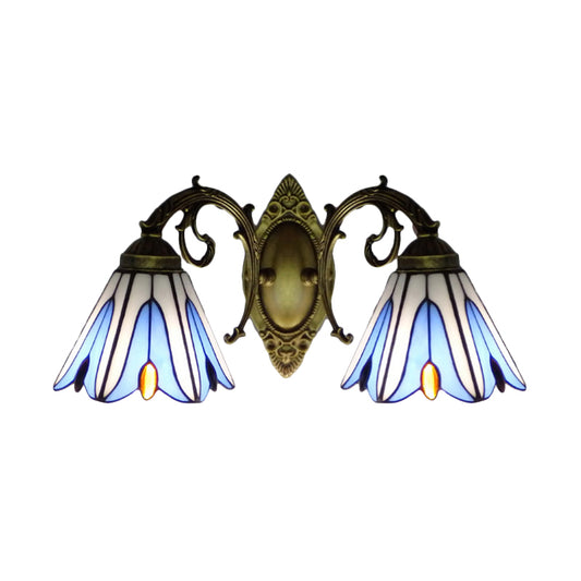 Floral Lighting Sconce Tiffany Style Stained Glass 2-Light Wall Light Fixtures in Blue for Corridor Clearhalo 'Industrial' 'Middle century wall lights' 'Tiffany wall lights' 'Tiffany' 'Wall Lamps & Sconces' 'Wall Lights' Lighting' 180037