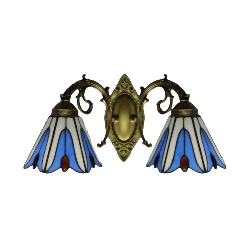 Floral Lighting Sconce Tiffany Style Stained Glass 2-Light Wall Light Fixtures in Blue for Corridor Clearhalo 'Industrial' 'Middle century wall lights' 'Tiffany wall lights' 'Tiffany' 'Wall Lamps & Sconces' 'Wall Lights' Lighting' 180038