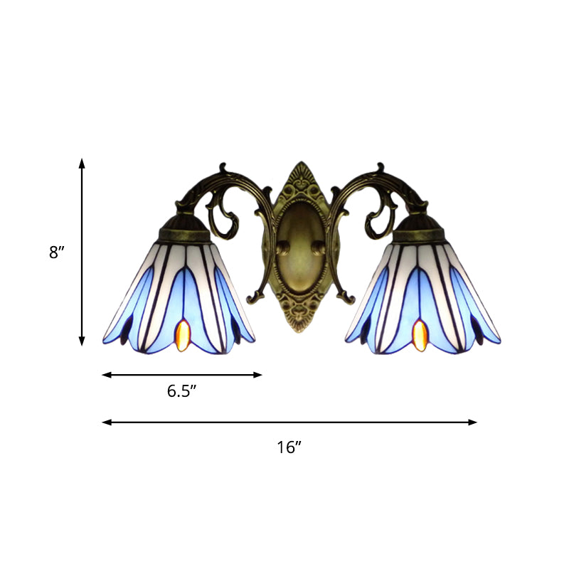 Floral Lighting Sconce Tiffany Style Stained Glass 2-Light Wall Light Fixtures in Blue for Corridor Clearhalo 'Industrial' 'Middle century wall lights' 'Tiffany wall lights' 'Tiffany' 'Wall Lamps & Sconces' 'Wall Lights' Lighting' 180039