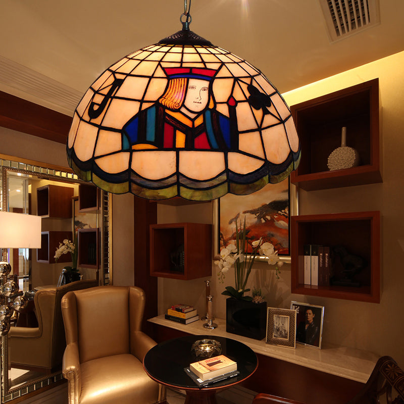 Tiffany Pendant Lighting with Dome Shade Stained Glass 2 Lights Poker Bedroom Lighting Beige Clearhalo 'Ceiling Lights' 'Close To Ceiling Lights' 'Industrial' 'Middle Century Pendants' 'Pendant Lights' 'Pendants' 'Tiffany close to ceiling' 'Tiffany Pendants' 'Tiffany' Lighting' 180052
