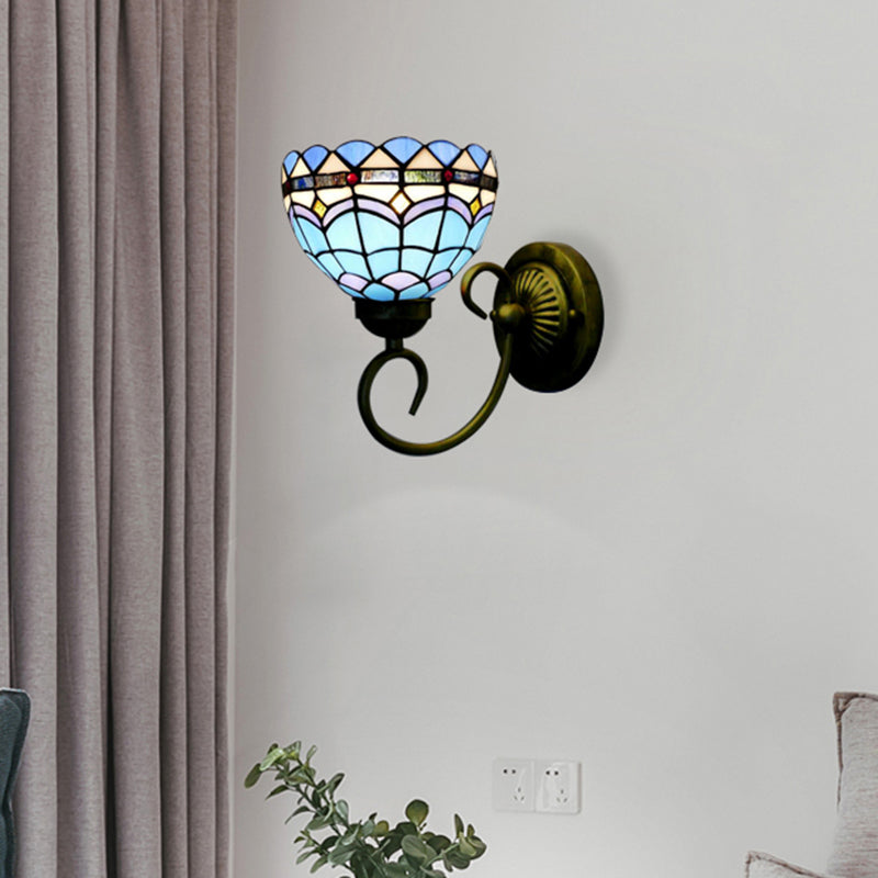 Mediterranean Style Bowl Sconce Light 6"/8" Width 1 Head Stained Glass Wall Lamp in Blue for Cloth Shop Blue 8" Clearhalo 'Industrial' 'Middle century wall lights' 'Tiffany wall lights' 'Tiffany' 'Wall Lamps & Sconces' 'Wall Lights' Lighting' 180057