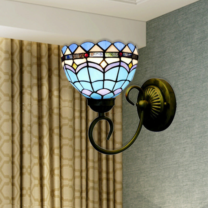 Mediterranean Style Bowl Sconce Light 6"/8" Width 1 Head Stained Glass Wall Lamp in Blue for Cloth Shop Clearhalo 'Industrial' 'Middle century wall lights' 'Tiffany wall lights' 'Tiffany' 'Wall Lamps & Sconces' 'Wall Lights' Lighting' 180058