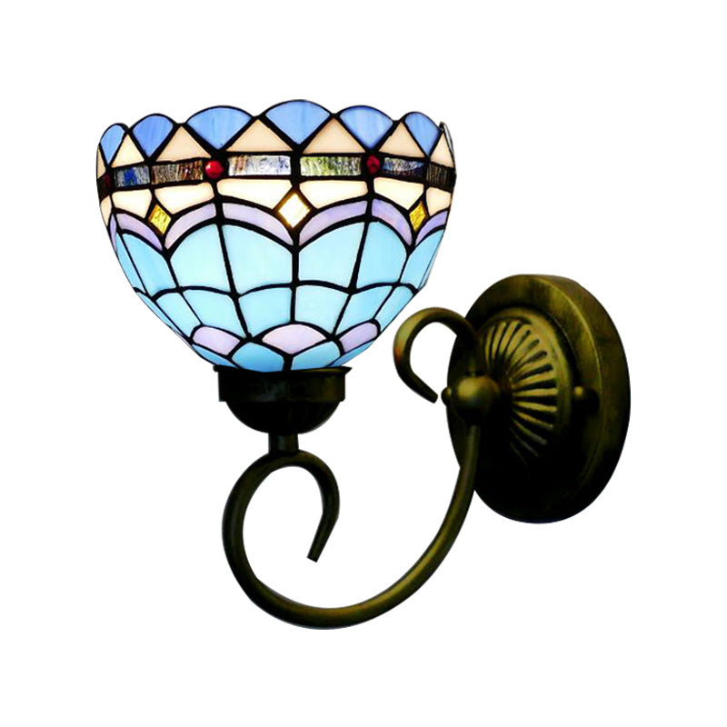 Mediterranean Style Bowl Sconce Light 6"/8" Width 1 Head Stained Glass Wall Lamp in Blue for Cloth Shop Clearhalo 'Industrial' 'Middle century wall lights' 'Tiffany wall lights' 'Tiffany' 'Wall Lamps & Sconces' 'Wall Lights' Lighting' 180059