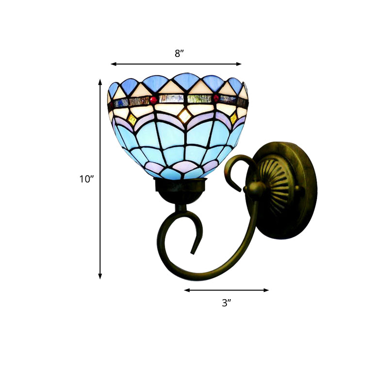 Mediterranean Style Bowl Sconce Light 6"/8" Width 1 Head Stained Glass Wall Lamp in Blue for Cloth Shop Clearhalo 'Industrial' 'Middle century wall lights' 'Tiffany wall lights' 'Tiffany' 'Wall Lamps & Sconces' 'Wall Lights' Lighting' 180060