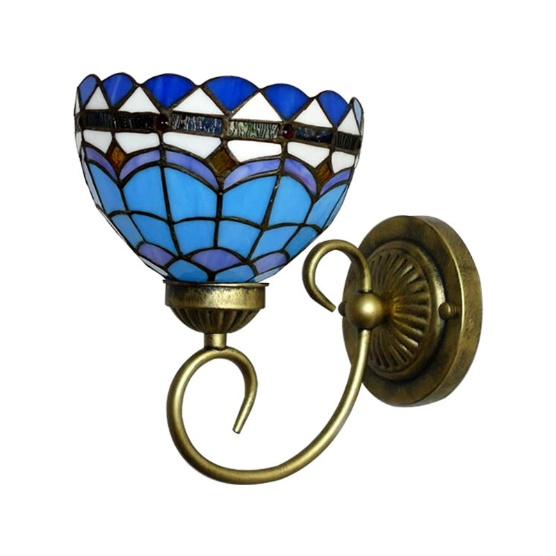 Mediterranean Style Bowl Sconce Light 6"/8" Width 1 Head Stained Glass Wall Lamp in Blue for Cloth Shop Clearhalo 'Industrial' 'Middle century wall lights' 'Tiffany wall lights' 'Tiffany' 'Wall Lamps & Sconces' 'Wall Lights' Lighting' 180061