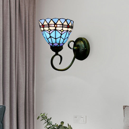 Mediterranean Style Bowl Sconce Light 6"/8" Width 1 Head Stained Glass Wall Lamp in Blue for Cloth Shop Blue 6" Clearhalo 'Industrial' 'Middle century wall lights' 'Tiffany wall lights' 'Tiffany' 'Wall Lamps & Sconces' 'Wall Lights' Lighting' 180062