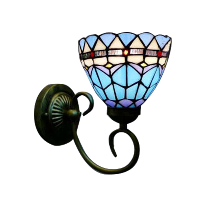 Mediterranean Style Bowl Sconce Light 6"/8" Width 1 Head Stained Glass Wall Lamp in Blue for Cloth Shop Clearhalo 'Industrial' 'Middle century wall lights' 'Tiffany wall lights' 'Tiffany' 'Wall Lamps & Sconces' 'Wall Lights' Lighting' 180063