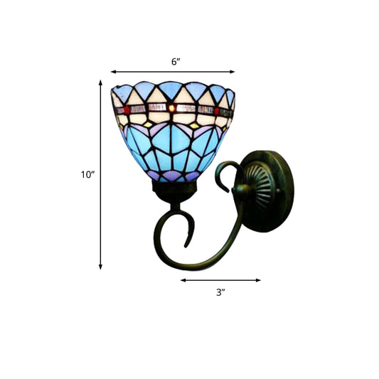 Mediterranean Style Bowl Sconce Light 6"/8" Width 1 Head Stained Glass Wall Lamp in Blue for Cloth Shop Clearhalo 'Industrial' 'Middle century wall lights' 'Tiffany wall lights' 'Tiffany' 'Wall Lamps & Sconces' 'Wall Lights' Lighting' 180064