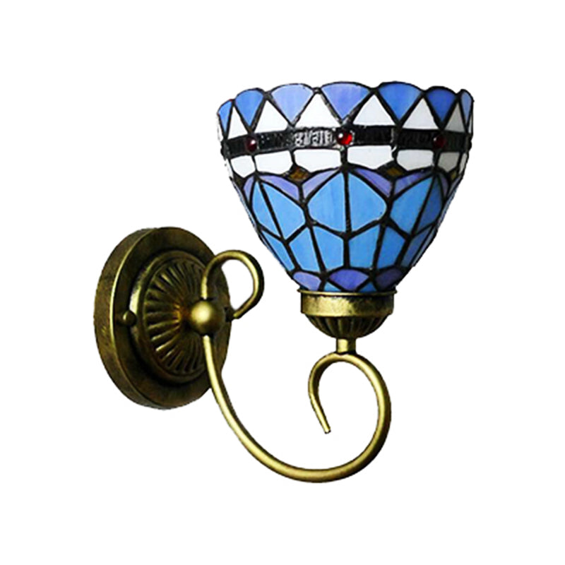 Mediterranean Style Bowl Sconce Light 6"/8" Width 1 Head Stained Glass Wall Lamp in Blue for Cloth Shop Clearhalo 'Industrial' 'Middle century wall lights' 'Tiffany wall lights' 'Tiffany' 'Wall Lamps & Sconces' 'Wall Lights' Lighting' 180065