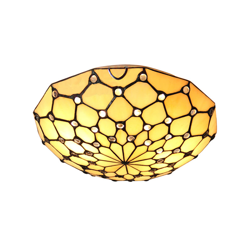 Stained Glass Bowl Flush Light Rustic Loft 2 Bulbs Flush Ceiling Light in Beige for Bedroom Clearhalo 'Ceiling Lights' 'Close To Ceiling Lights' 'Close to ceiling' 'Flush mount' Lighting' 180075