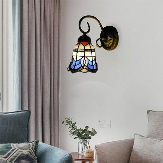 Baroque Style 8"/6" W Grid Bell Wall Light Stained Glass 1 Head Beige Wall Sconce for Kitchen Beige 6" Clearhalo 'Industrial' 'Middle century wall lights' 'Tiffany wall lights' 'Tiffany' 'Wall Lamps & Sconces' 'Wall Lights' Lighting' 180077