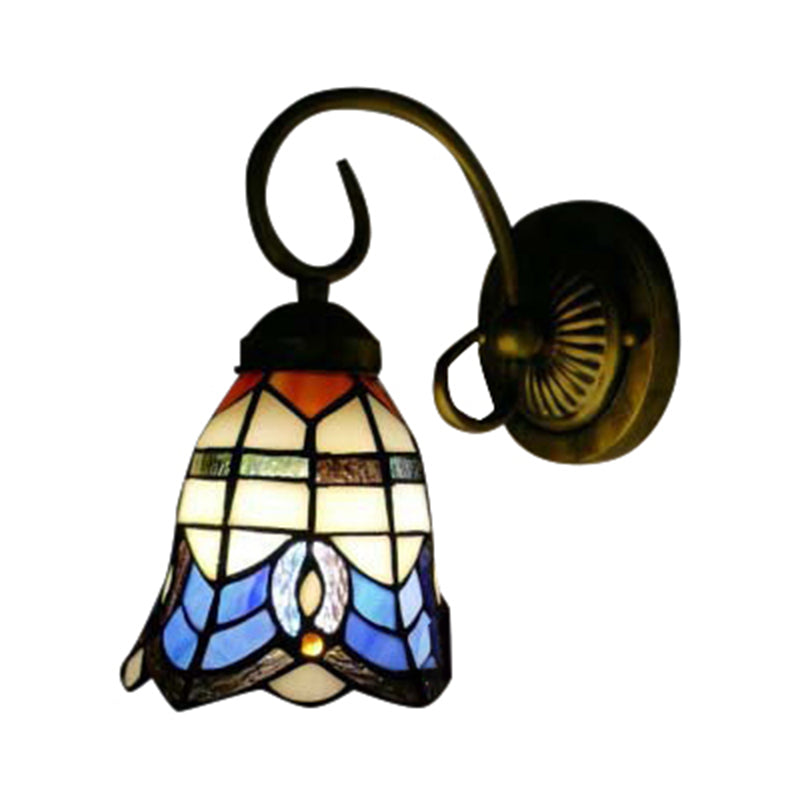 Baroque Style 8"/6" W Grid Bell Wall Light Stained Glass 1 Head Beige Wall Sconce for Kitchen Clearhalo 'Industrial' 'Middle century wall lights' 'Tiffany wall lights' 'Tiffany' 'Wall Lamps & Sconces' 'Wall Lights' Lighting' 180079