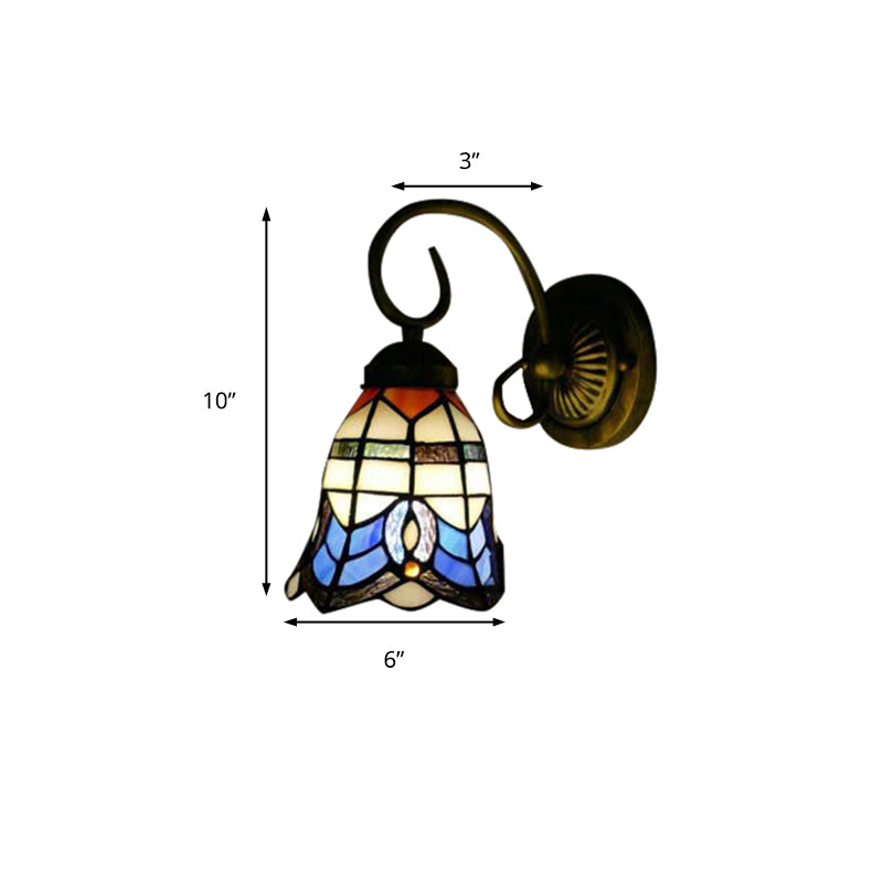Baroque Style 8"/6" W Grid Bell Wall Light Stained Glass 1 Head Beige Wall Sconce for Kitchen Clearhalo 'Industrial' 'Middle century wall lights' 'Tiffany wall lights' 'Tiffany' 'Wall Lamps & Sconces' 'Wall Lights' Lighting' 180080