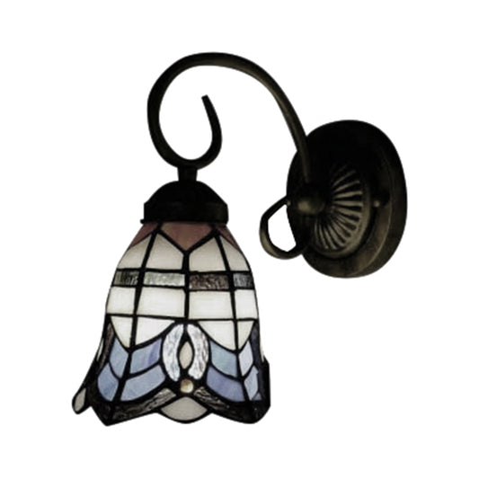 Baroque Style 8"/6" W Grid Bell Wall Light Stained Glass 1 Head Beige Wall Sconce for Kitchen Clearhalo 'Industrial' 'Middle century wall lights' 'Tiffany wall lights' 'Tiffany' 'Wall Lamps & Sconces' 'Wall Lights' Lighting' 180081
