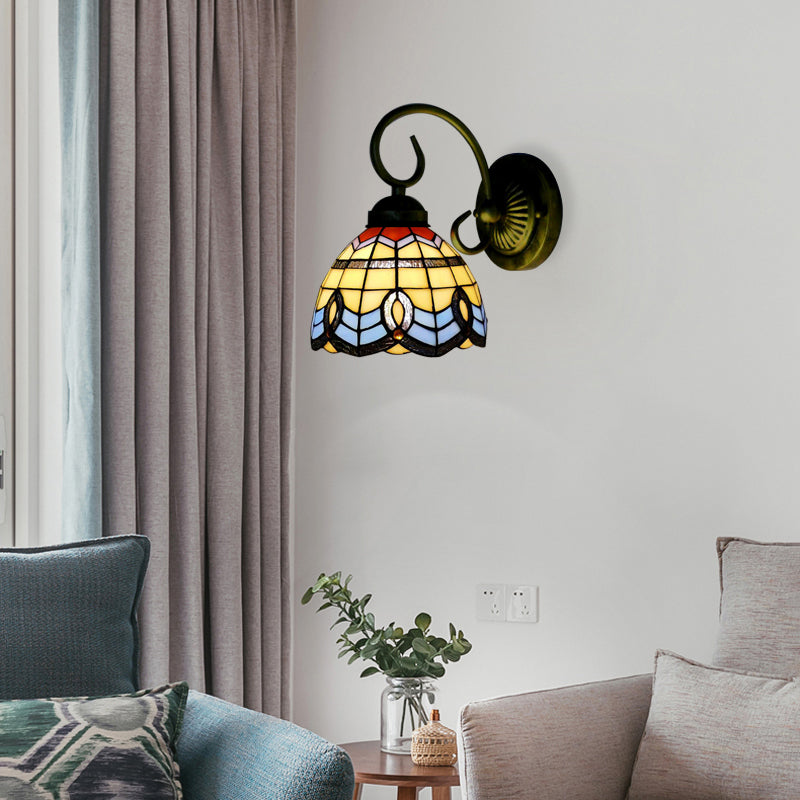 Baroque Style 8"/6" W Grid Bell Wall Light Stained Glass 1 Head Beige Wall Sconce for Kitchen Beige 8" Clearhalo 'Industrial' 'Middle century wall lights' 'Tiffany wall lights' 'Tiffany' 'Wall Lamps & Sconces' 'Wall Lights' Lighting' 180082