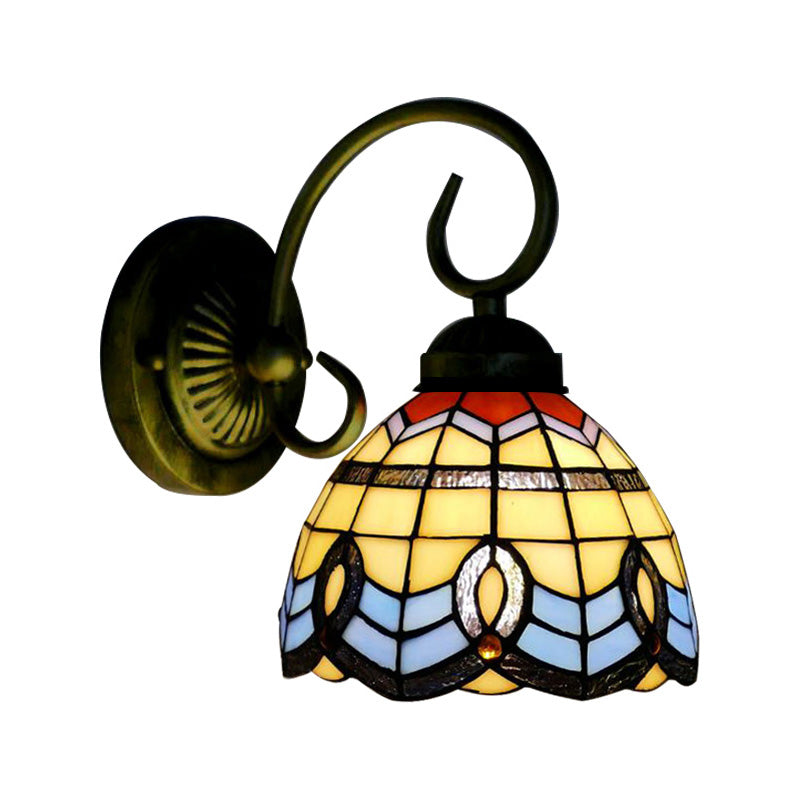 Baroque Style 8"/6" W Grid Bell Wall Light Stained Glass 1 Head Beige Wall Sconce for Kitchen Clearhalo 'Industrial' 'Middle century wall lights' 'Tiffany wall lights' 'Tiffany' 'Wall Lamps & Sconces' 'Wall Lights' Lighting' 180083