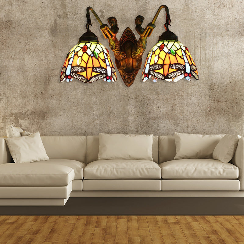 Dragonfly Wall Light Fixture 2 Heads Orange Glass Baroque Sconce Light with/No Switch Orange No Switch Clearhalo 'Industrial' 'Middle century wall lights' 'Tiffany wall lights' 'Tiffany' 'Wall Lamps & Sconces' 'Wall Lights' Lighting' 180086