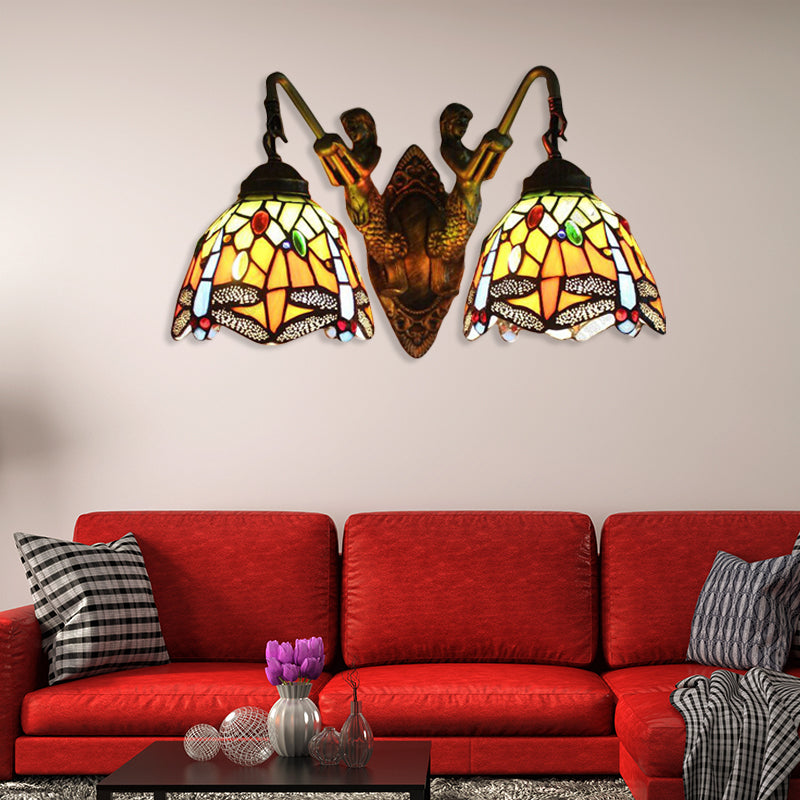 Dragonfly Wall Light Fixture 2 Heads Orange Glass Baroque Sconce Light with/No Switch Clearhalo 'Industrial' 'Middle century wall lights' 'Tiffany wall lights' 'Tiffany' 'Wall Lamps & Sconces' 'Wall Lights' Lighting' 180087